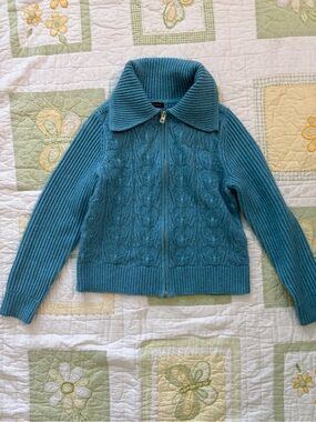 Talbots Teal Zip-Up Cable Knit Cardigan